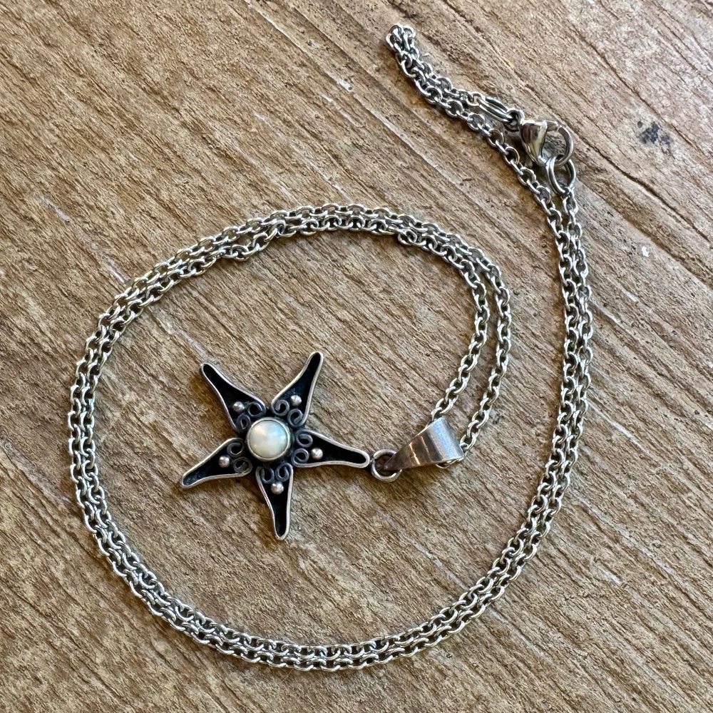 Sterling Silver Starfish Pendant Necklace with Moonstone – 925 Vintage Boho